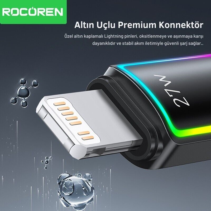 Rocoren 27W Type-C to Lightning RGB Aydınlatmalı Örgülü Şarj ve Data Kablosu 2 Metre - 3