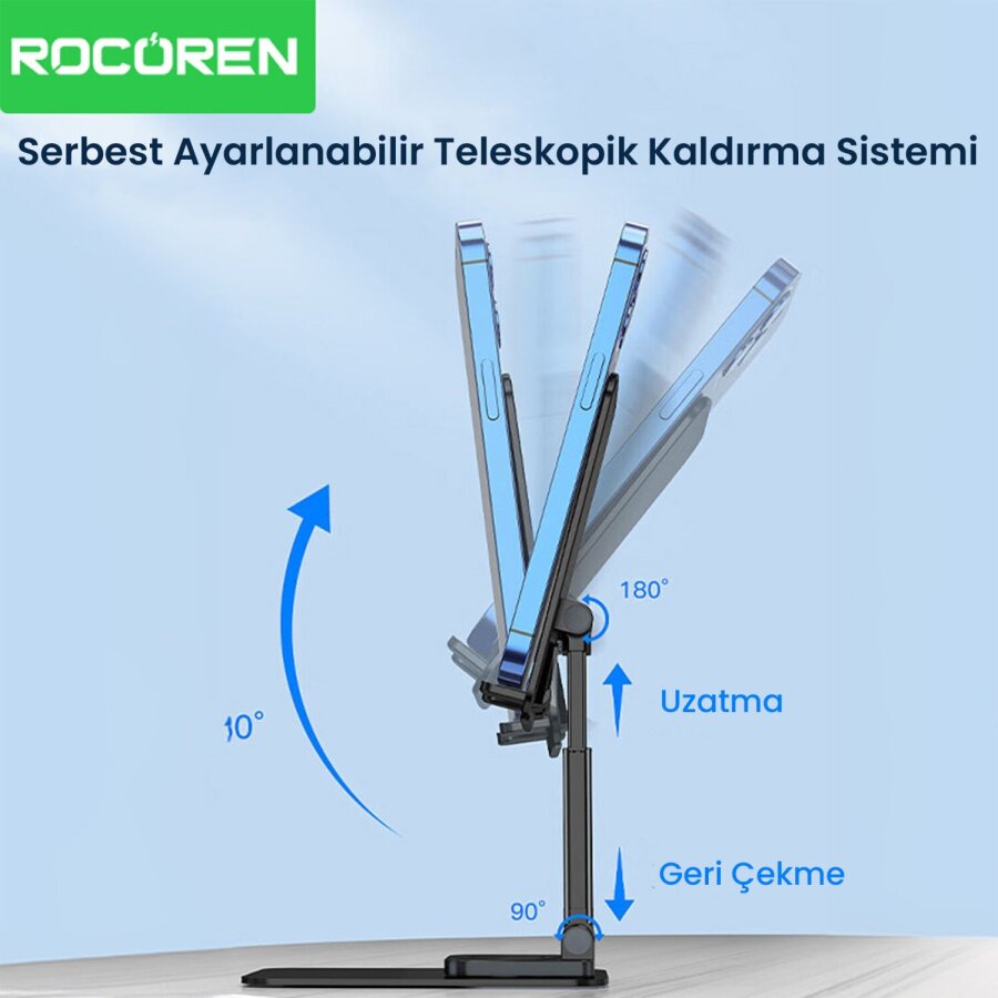 Rocoren 360° Dönebilen Katlanabilir Yükseklik ve Eğim Ayarlı Telefon Tutucu Stand - 3