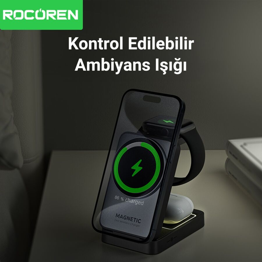 Rocoren 3‘ü 1 Arada iPhone Airpods Apple Watch MagSafe Uyumlu Kablosuz Şarj Cihazı Stand - 4