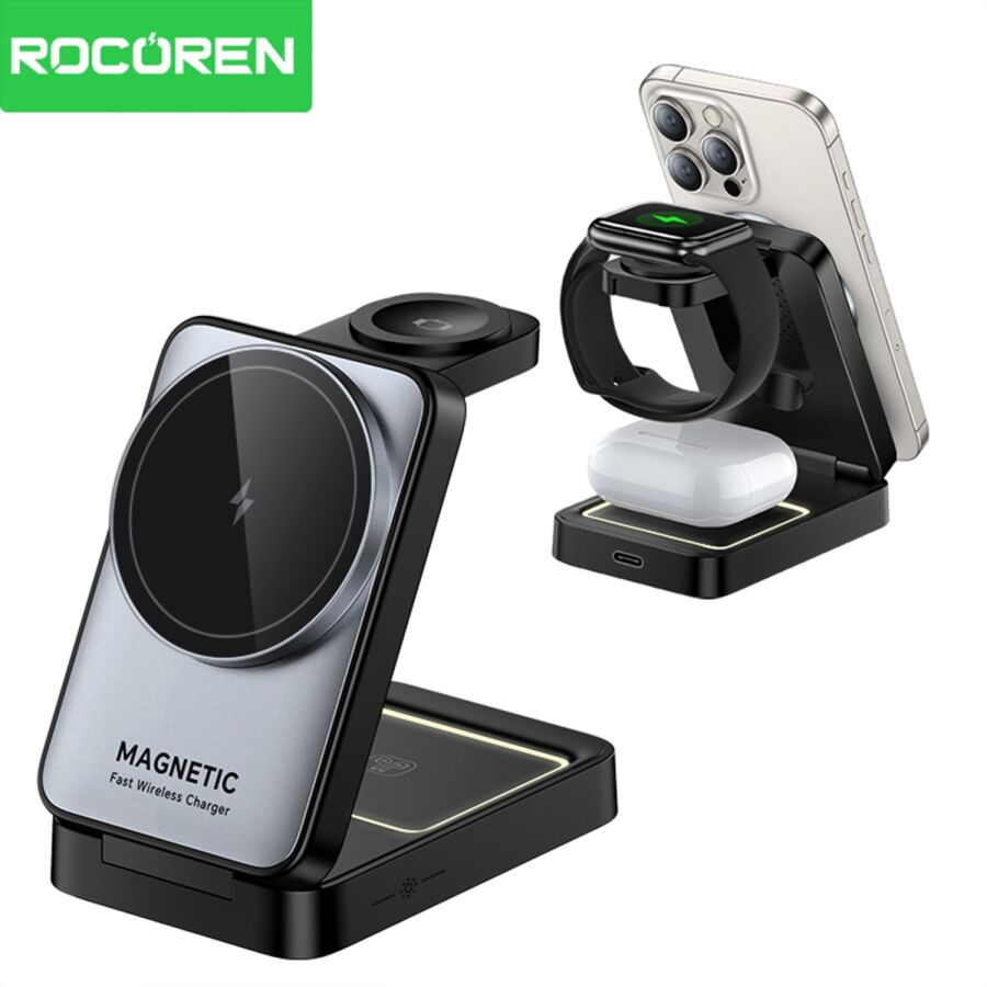 Rocoren 3‘ü 1 Arada iPhone Airpods Apple Watch MagSafe Uyumlu Kablosuz Şarj Cihazı Stand - 1