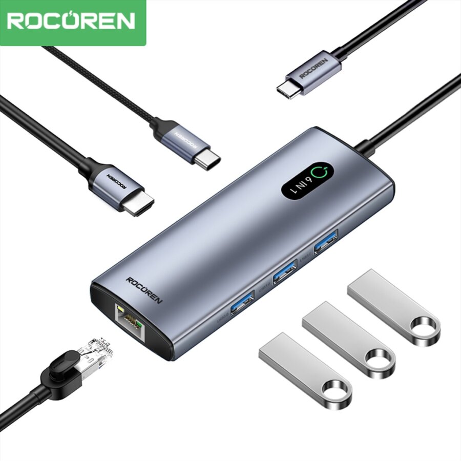 Rocoren 6 Portlu 4K 30Hz Gigabit Ethernet 3*USB3.0 PD 100W Destekli Hub Çoklayıcı - 1