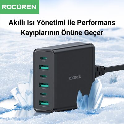 Rocoren 60W 3*Type-C ve 3*USB-A 6 Portlu Şarj Cihazı Masaüstü Şarj İstasyonu - 4