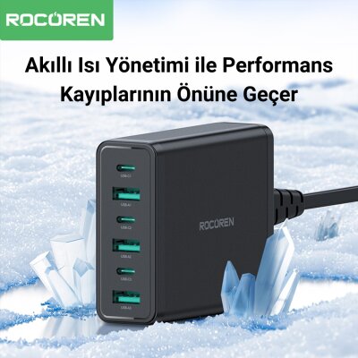 Rocoren 60W 3*Type-C ve 3*USB-A 6 Portlu Şarj Cihazı Masaüstü Şarj İstasyonu - 4