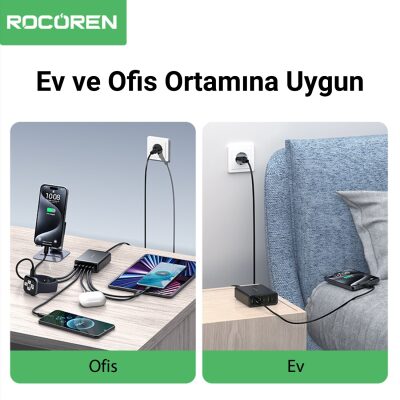 Rocoren 60W 3*Type-C ve 3*USB-A 6 Portlu Şarj Cihazı Masaüstü Şarj İstasyonu - 6