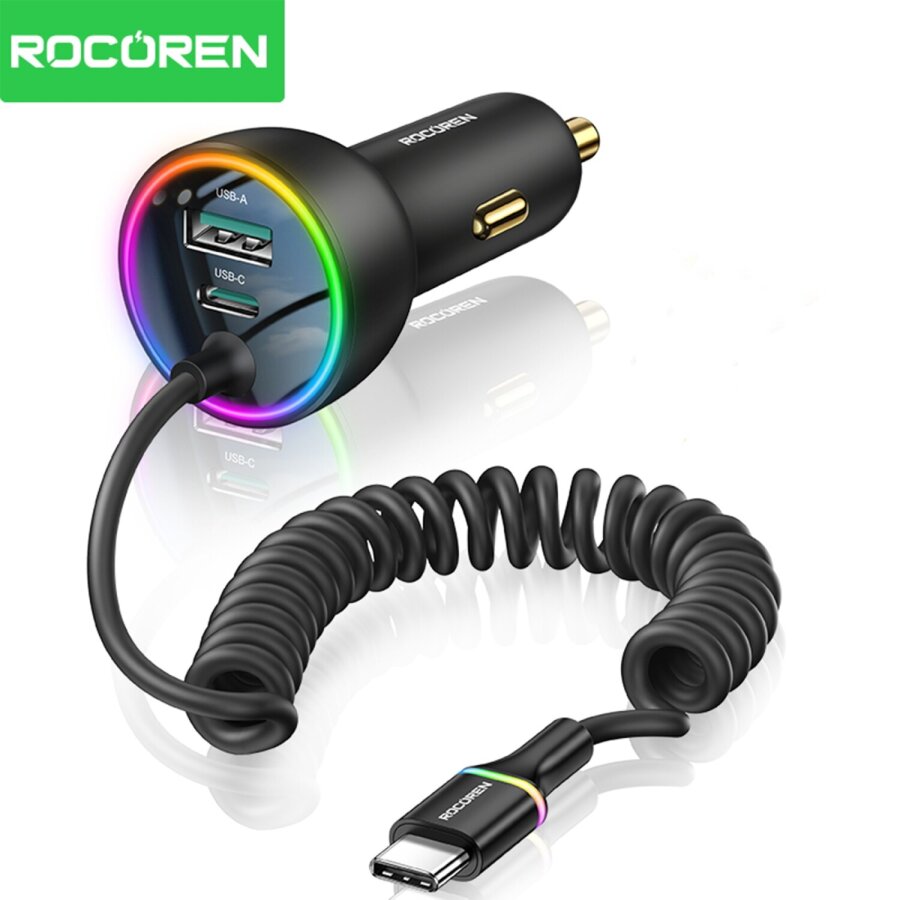 Rocoren 70W 3 Portlu 2*Type-C 1*USB-A Spiral Kablolu LED Işıklı Araç İçi Hızlı Şarj Cihazı - 1