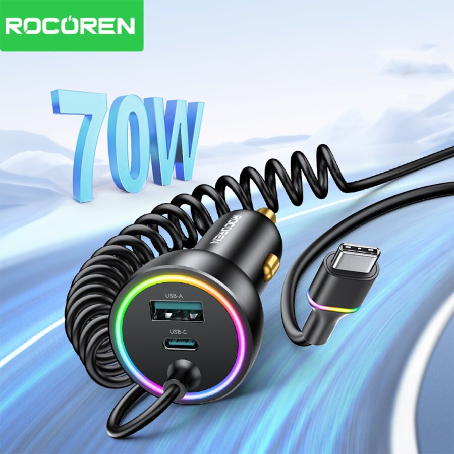 Rocoren 70W 3 Portlu 2*Type-C 1*USB-A Spiral Kablolu LED Işıklı Araç İçi Hızlı Şarj Cihazı - 2