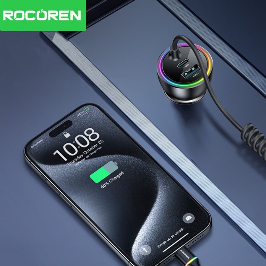 Rocoren 70W 3 Portlu 2*Type-C 1*USB-A Spiral Kablolu LED Işıklı Araç İçi Hızlı Şarj Cihazı - 4