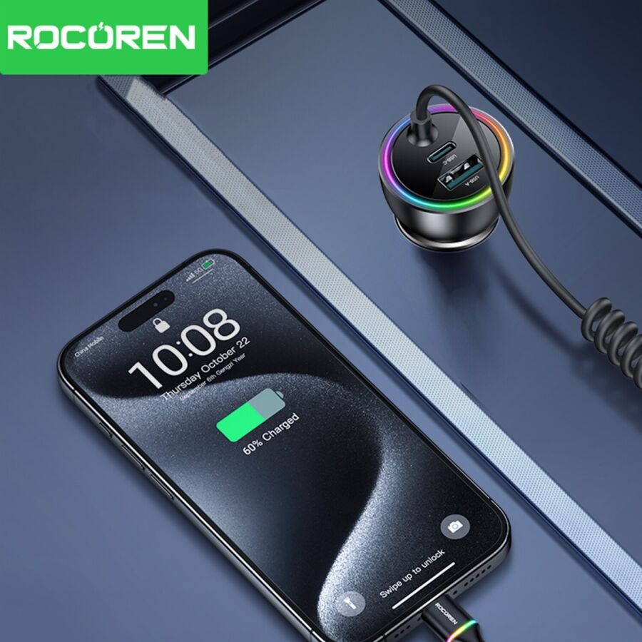 Rocoren 70W 3 Portlu 2*Type-C 1*USB-A Spiral Kablolu LED Işıklı Araç İçi Hızlı Şarj Cihazı - 4