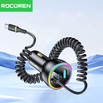 Rocoren 70W 3 Portlu 2*Type-C 1*USB-A Spiral Kablolu LED Işıklı Araç İçi Hızlı Şarj Cihazı - 3