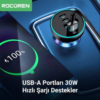 Rocoren 70W 4 Portlu 2*Type-C 2*USB-A LED Işıklı Araç içi Hızlı Şarj Cihazı - 2