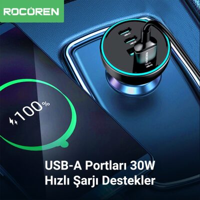 Rocoren 70W 4 Portlu 2*Type-C 2*USB-A LED Işıklı Araç içi Hızlı Şarj Cihazı - 2