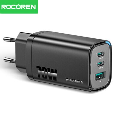 Rocoren 70W GaN Şarj Cihazı Type-C ve USB-A 3-Portlu Hızlı Şarj Aleti