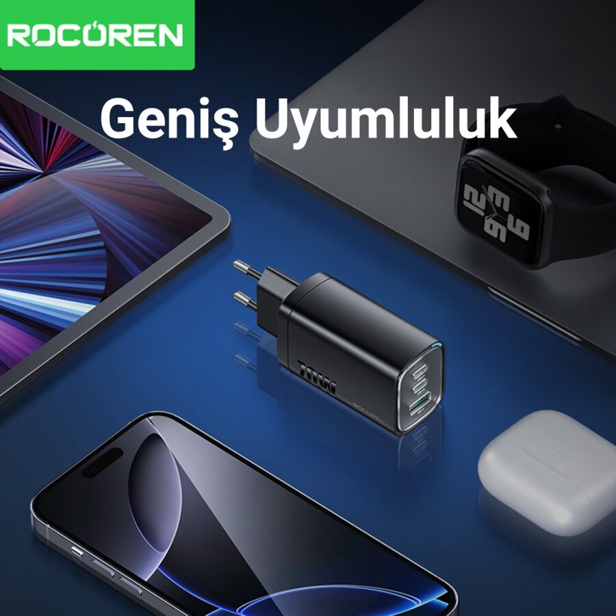 Rocoren 70W GaN Şarj Cihazı Type-C ve USB-A 3-Portlu Hızlı Şarj Aleti - 5