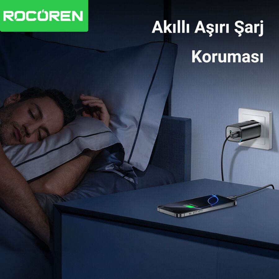 Rocoren 70W GaN Şarj Cihazı Type-C ve USB-A 3-Portlu Hızlı Şarj Aleti - 4