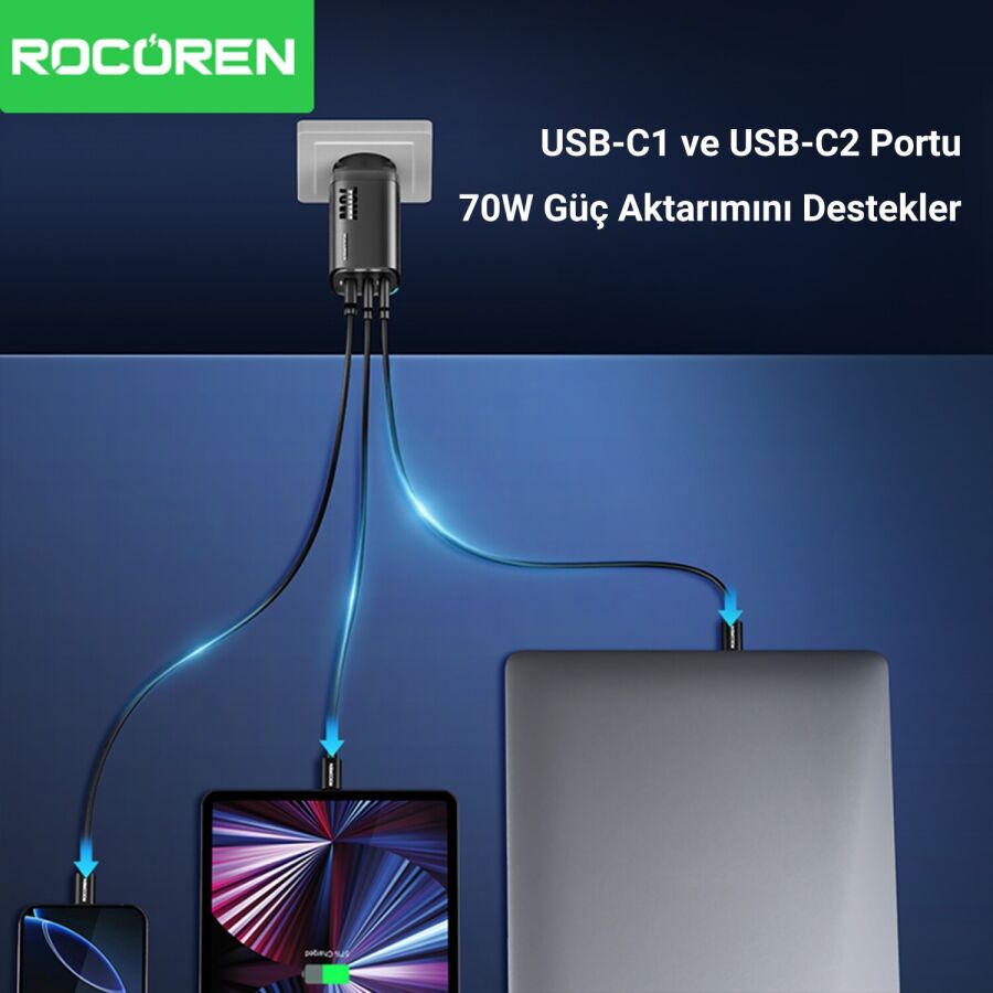 Rocoren 70W GaN Şarj Cihazı Type-C ve USB-A 3-Portlu Hızlı Şarj Aleti - 3