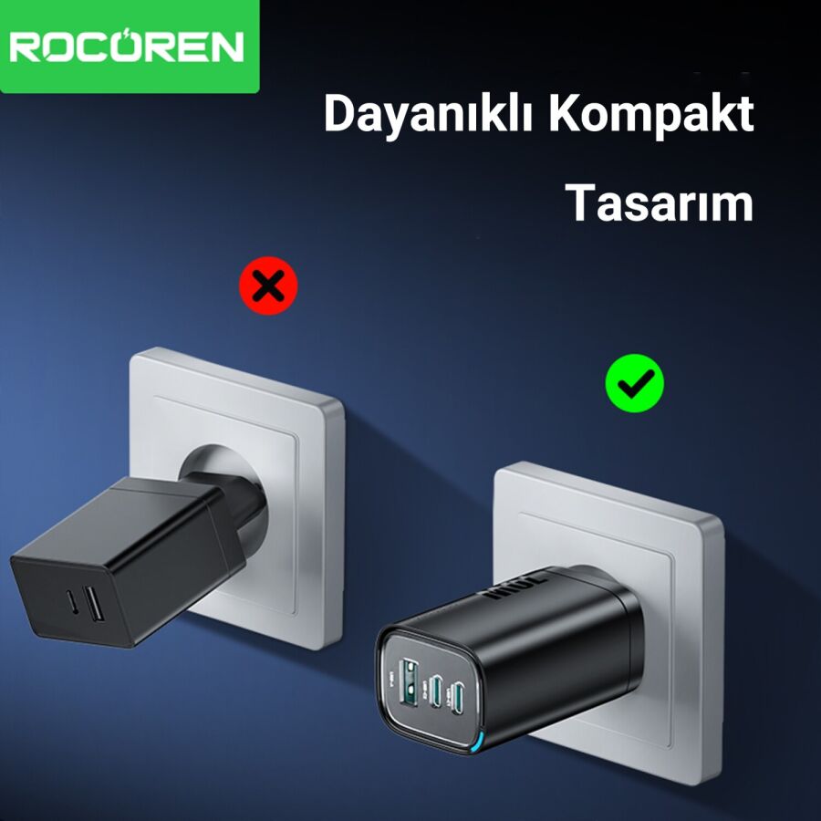 Rocoren 70W GaN Şarj Cihazı Type-C ve USB-A 3-Portlu Hızlı Şarj Aleti - 6