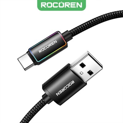 Rocoren Type-C to USB-A RGB Aydınlatmalı 3A Hızlı Şarj ve Data Kablosu 1 Metre