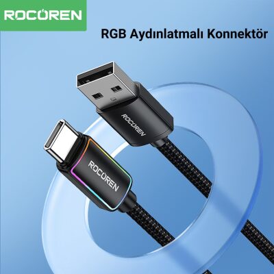 Rocoren Type-C to USB-A RGB Aydınlatmalı 3A Hızlı Şarj ve Data Kablosu 3 Metre - 2
