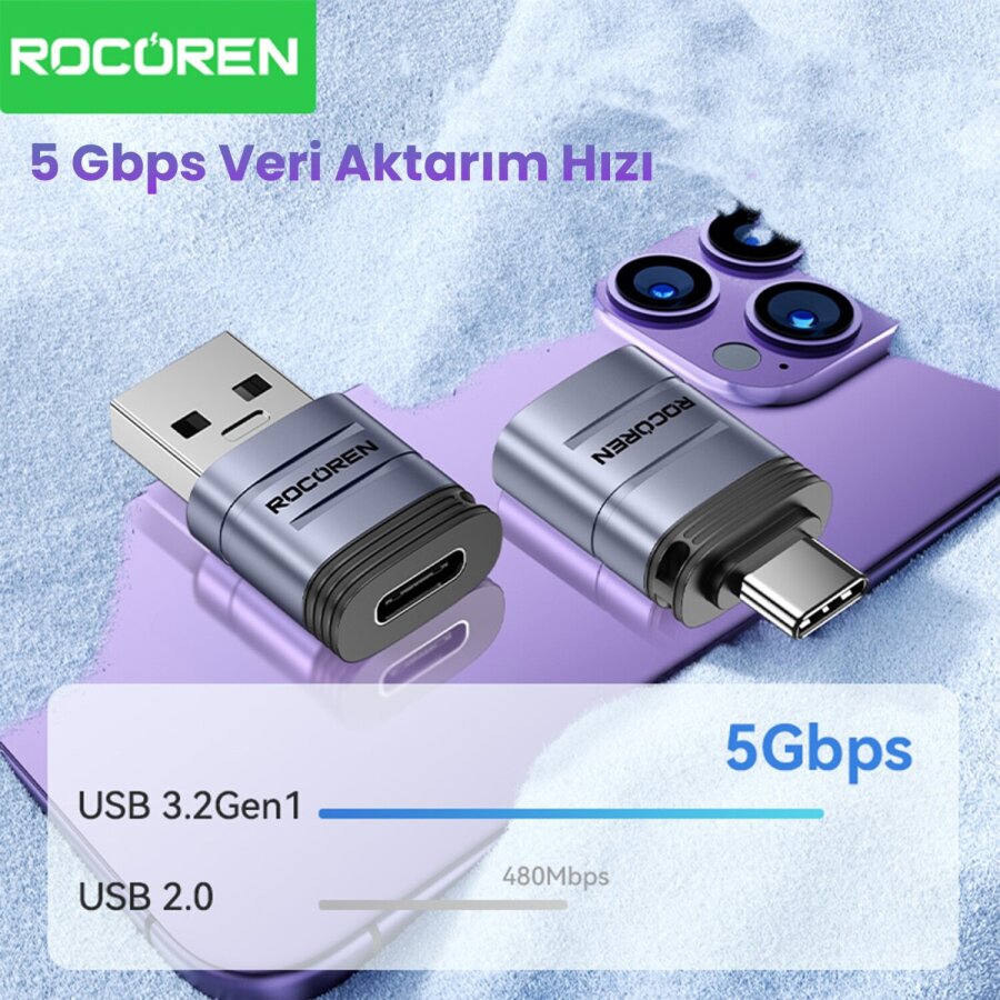 Rocoren USB 3.2 Gen1 Erkek to Type-C Dişi OTG Çevirici Dönüştürücü Adaptör - 3