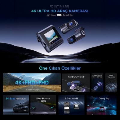 SJCAM M60 3 Kameralı Ön+İç+Arka 4K+FHD+FHD HDR Sony Starvis 2 Sensörlü Wi-Fi GPS'li Araç Kamerası - 9