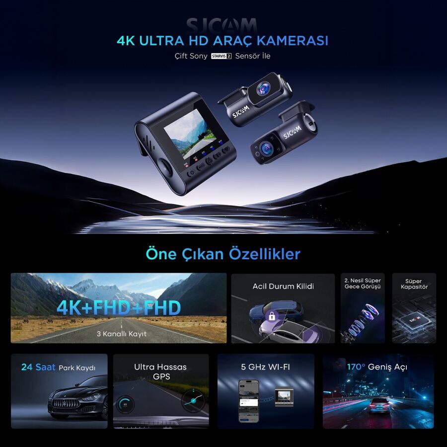 SJCAM M60 3 Kameralı Ön+İç+Arka 4K+FHD+FHD HDR Sony Starvis 2 Sensörlü Wi-Fi GPS'li Araç Kamerası - 9