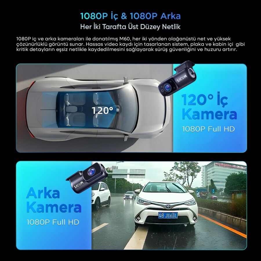 SJCAM M60 3 Kameralı Ön+İç+Arka 4K+FHD+FHD HDR Sony Starvis 2 Sensörlü Wi-Fi GPS'li Araç Kamerası - 12