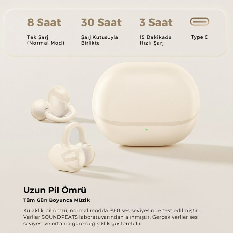 Soundpeats POP Clip Open-Ear ENC OWS Bluetooth 5.4 Kablosuz Kulaklık Bej - 4