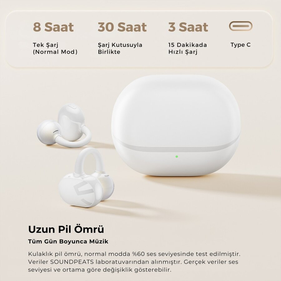 Soundpeats POP Clip Open-Ear ENC OWS Bluetooth 5.4 Kablosuz Kulaklık Beyaz - 4
