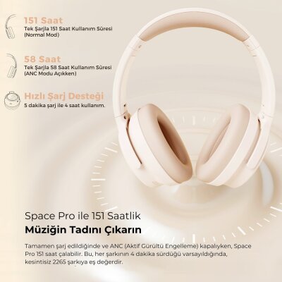 SoundPeats Space Pro Hi-Res LDAC Bluetooth 5.4 TWS Kablosuz Kulak üstü Kulaklık Bej - 9