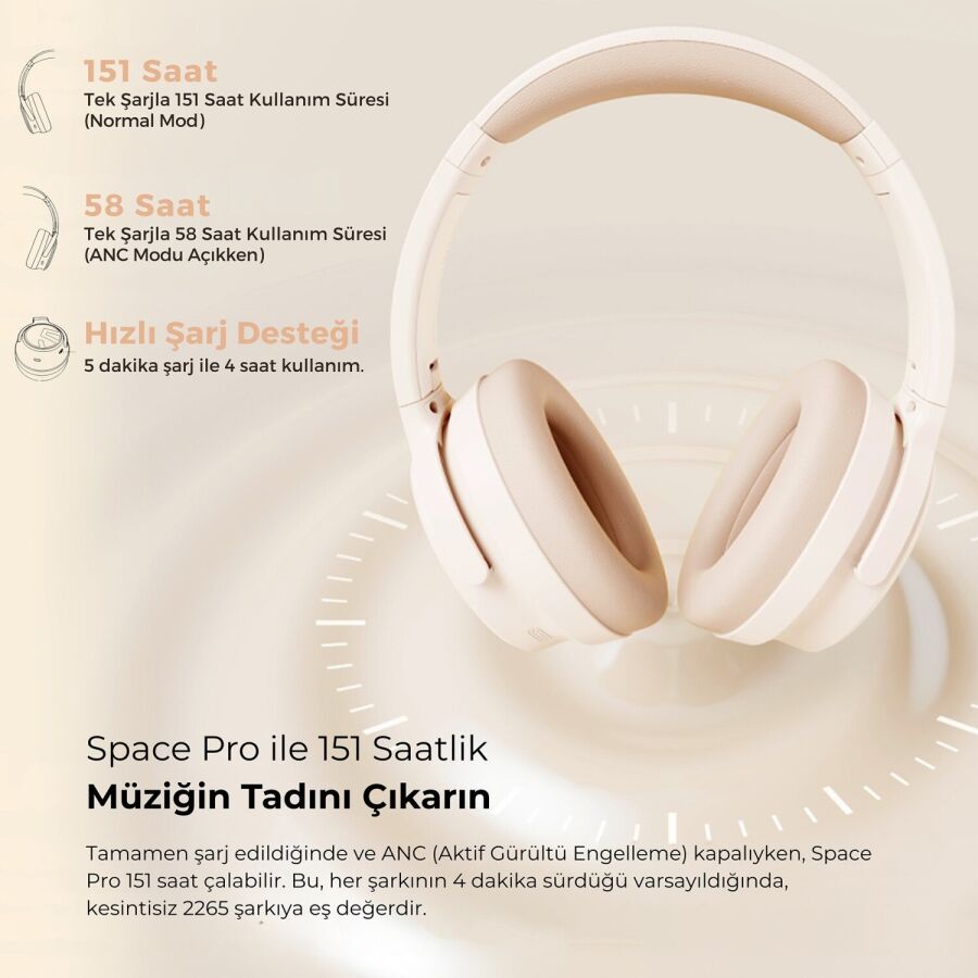 SoundPeats Space Pro Hi-Res LDAC Bluetooth 5.4 TWS Kablosuz Kulak üstü Kulaklık Bej - 9