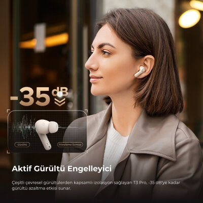 Soundpeats T3 Pro Bluetooth 5.4 TWS Kablosuz Kulak İçi Kulaklık ANC Aktif Gürültü Engelleme Mikrofonlu Bej - 4