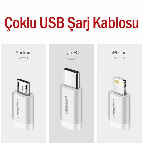 UGREEN 3'ü 1 Arada Örgülü iPhone Lightning Type-C Micro USB Şarj Kablosu 1.5 Metre - 5