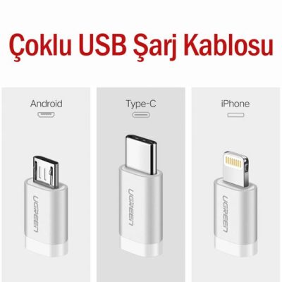 UGREEN 3'ü 1 Arada Örgülü iPhone Lightning Type-C Micro USB Şarj Kablosu 1.5 Metre - 5