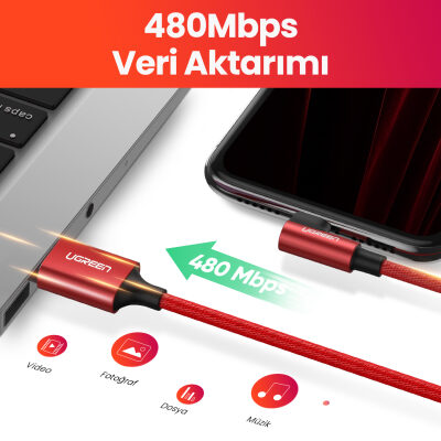 Ugreen 90 Derece Açılı Lightning iPhone Şarj ve Data Kablosu Kırmızı 1 Metre - 7