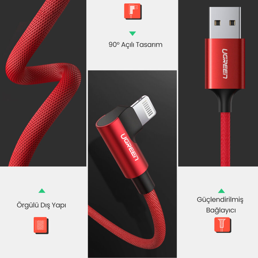 Ugreen 90 Derece Açılı Lightning iPhone Şarj ve Data Kablosu Kırmızı 1 Metre - 6