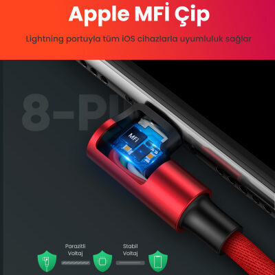 Ugreen 90 Derece Açılı Lightning iPhone Şarj ve Data Kablosu Kırmızı 1 Metre - 3