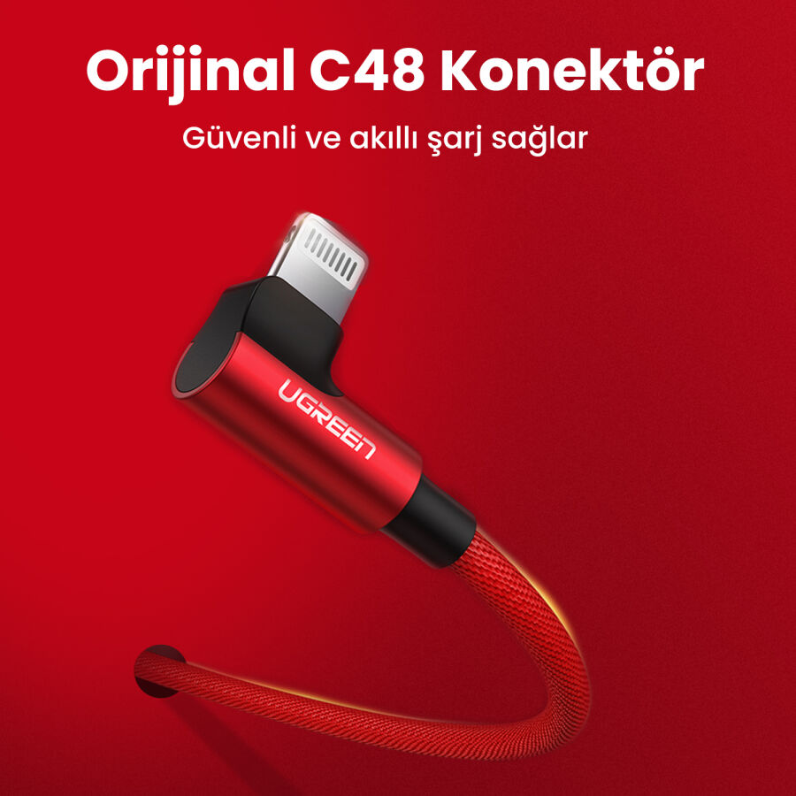 Ugreen 90 Derece Açılı Lightning iPhone Şarj ve Data Kablosu Kırmızı 1 Metre - 5