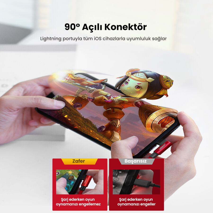 Ugreen 90 Derece Açılı Lightning iPhone Şarj ve Data Kablosu Kırmızı 1 Metre - 2