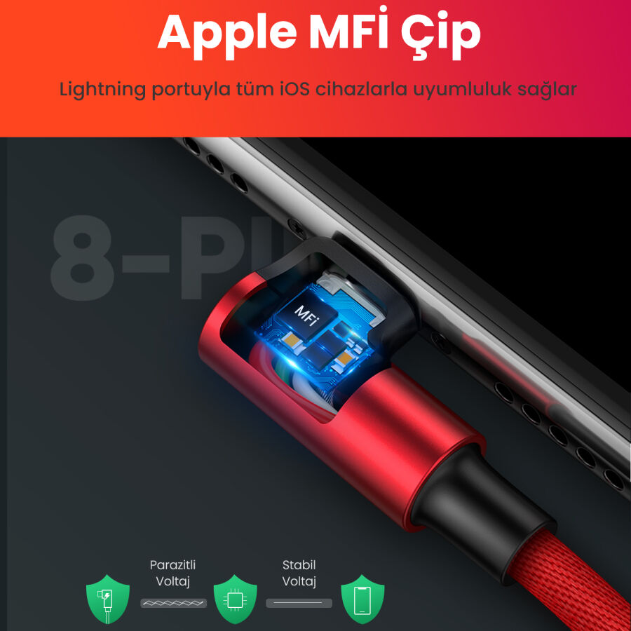 Ugreen 90 Derece Açılı Lightning iPhone Şarj ve Data Kablosu Kırmızı 1 Metre - 3