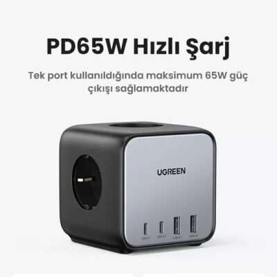 Ugreen DigiNest Cube 65W GaN 2 Hızlı Şarj Cihazı 2*USB / 2*Type-C 3 lü Akım Korumalı Küp Grup Priz - 2