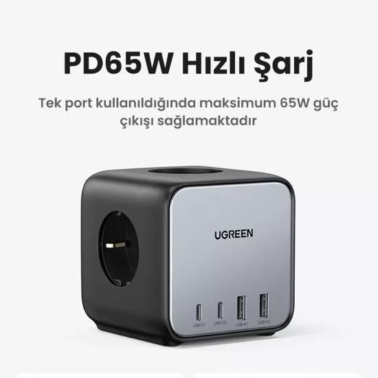 Ugreen DigiNest Cube 65W GaN 2 Hızlı Şarj Cihazı 2*USB / 2*Type-C 3 lü Akım Korumalı Küp Grup Priz - 2