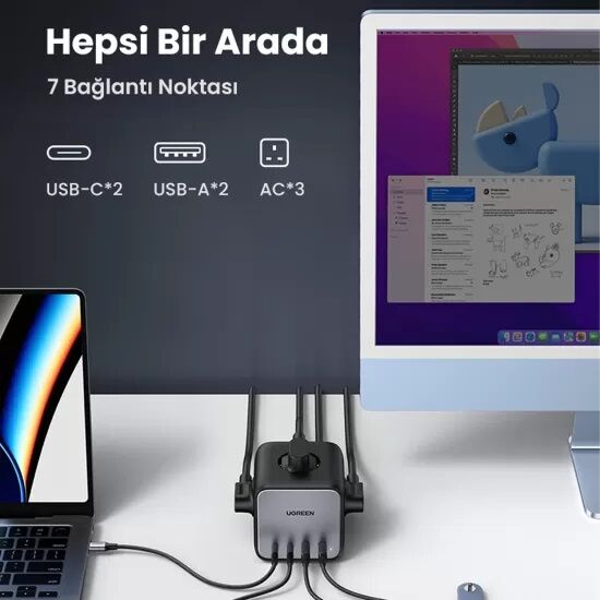 Ugreen DigiNest Cube 65W GaN 2 Hızlı Şarj Cihazı 2*USB / 2*Type-C 3 lü Akım Korumalı Küp Grup Priz - 4