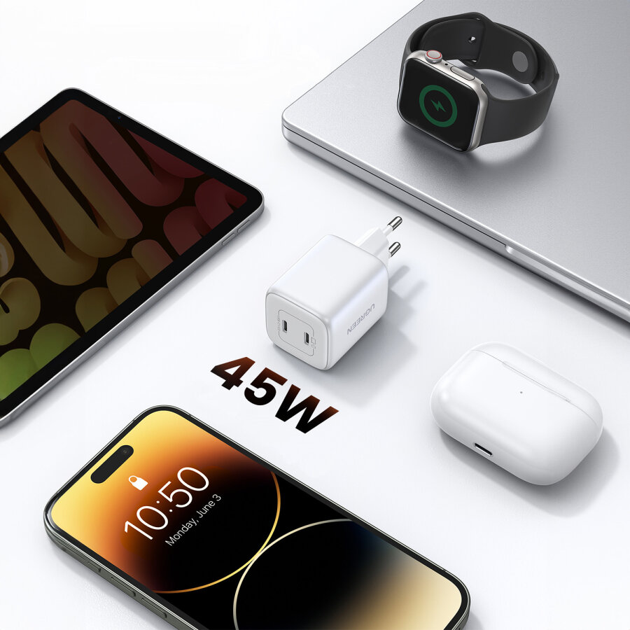 Ugreen Nexode 45W USB Type-C QC 4.0 PD GaN X 2 Portlu Hızlı Şarj Cihazı Beyaz - 4