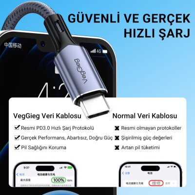 Veggieg 100W 5A E-Mark Çipli PD Type-C to Type-C Hızlı Şarj ve Data Kablosu 1.2 Metre - 4