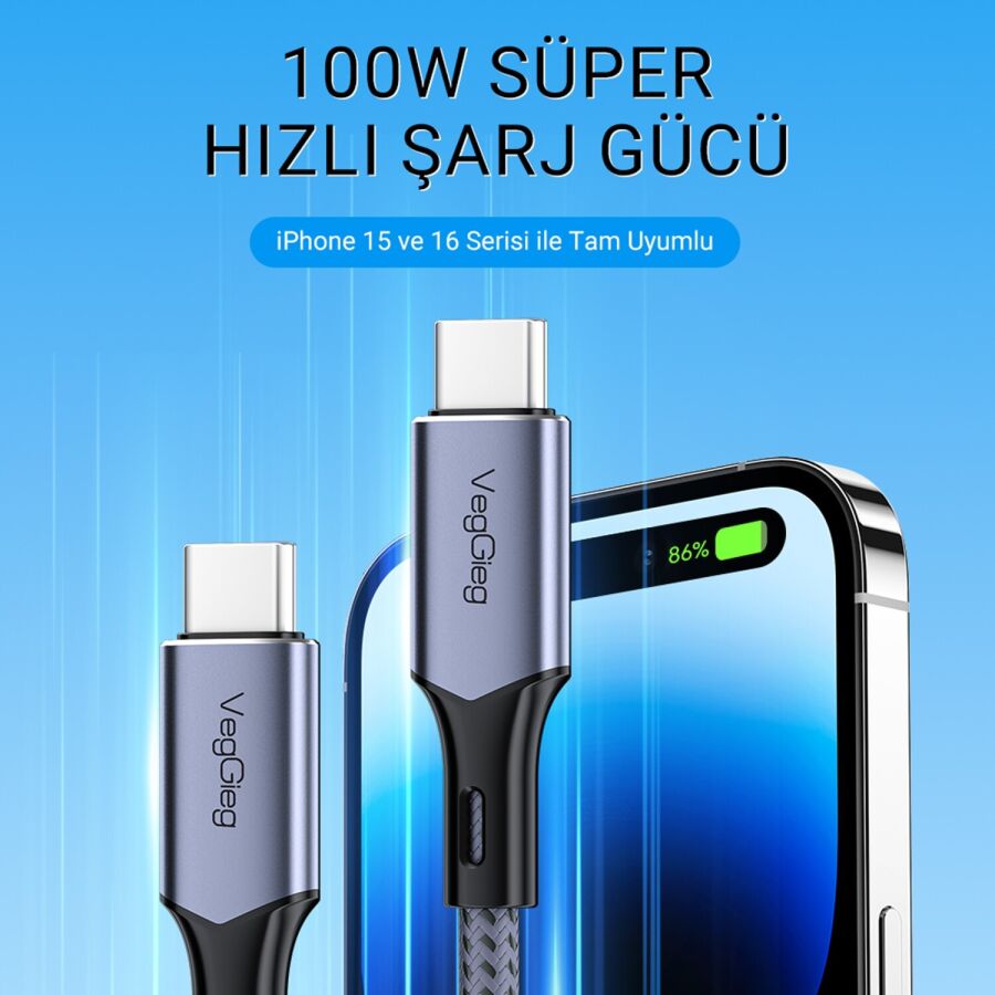 Veggieg 100W 5A E-Mark Çipli PD Type-C to Type-C Hızlı Şarj ve Data Kablosu 2 Metre - 2