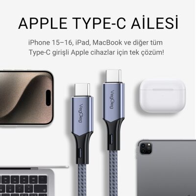 Veggieg 100W 5A E-Mark Çipli PD Type-C to Type-C Hızlı Şarj ve Data Kablosu 2 Metre - 3