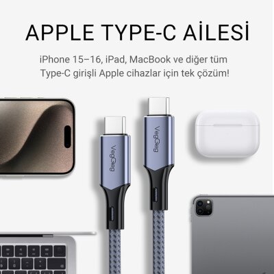 Veggieg 100W 5A E-Mark Çipli PD Type-C to Type-C Hızlı Şarj ve Data Kablosu 2 Metre - 3