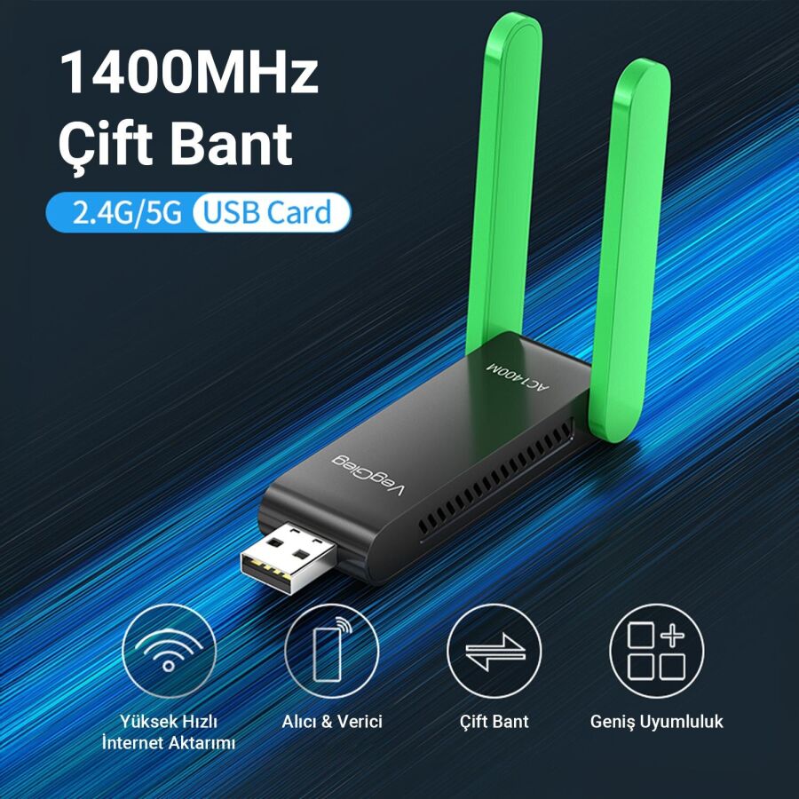 VegGieg 1400 Mbps 2.4GHz/5GHz Dual Band Gigabit Alıcı Verici USB WiFi Adaptör - 5