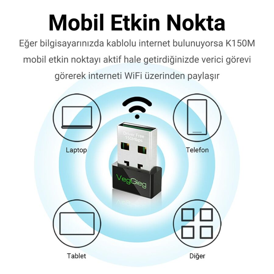 VegGieg 150 Mbps 2.4Ghz Kablosuz WiFi Alıcı Verici Nano USB Adaptör - 5