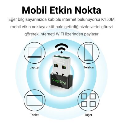 VegGieg 150 Mbps 2.4Ghz Kablosuz WiFi Alıcı Verici Nano USB Adaptör - 5